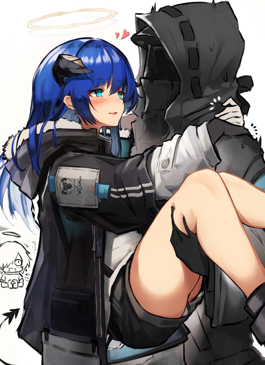 1boy, 2girls, absurdres, aqua_eyes, arknights, bangs, black_gloves, black_horns