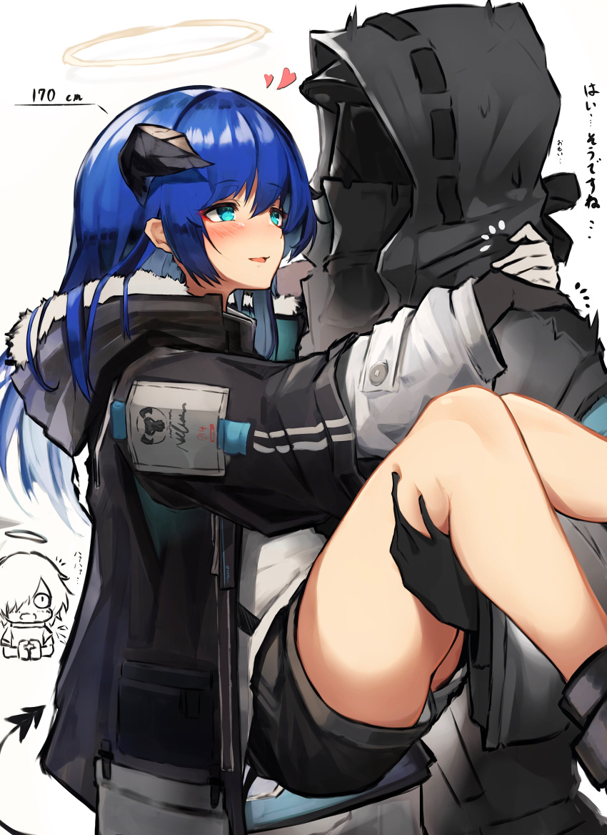 1boy, 2girls, absurdres, aqua_eyes, arknights, bangs, black_gloves, black_horns