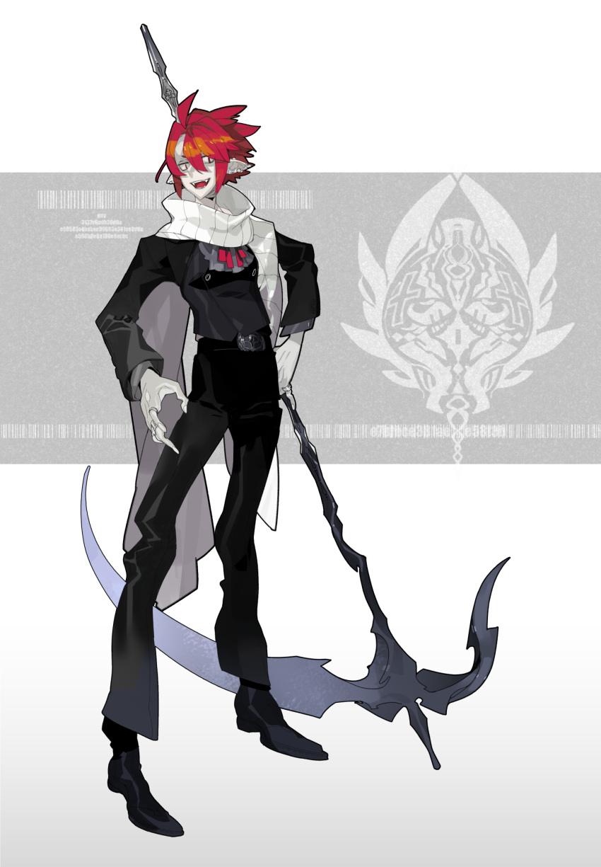 1boy, ahoge, barcode, belt, black_footwear, character_name, earrings, fangs