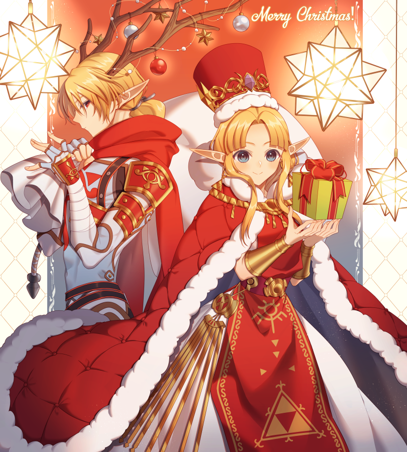 2girls, antlers, bangs, bitikara, blonde_hair, blue_eyes, box, cape
