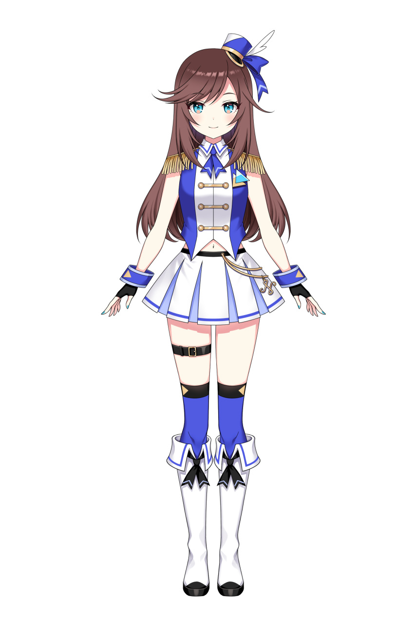 1girl, absurdres, bangs, black_gloves, blue_bow, blue_eyes, blue_headwear, blue_legwear