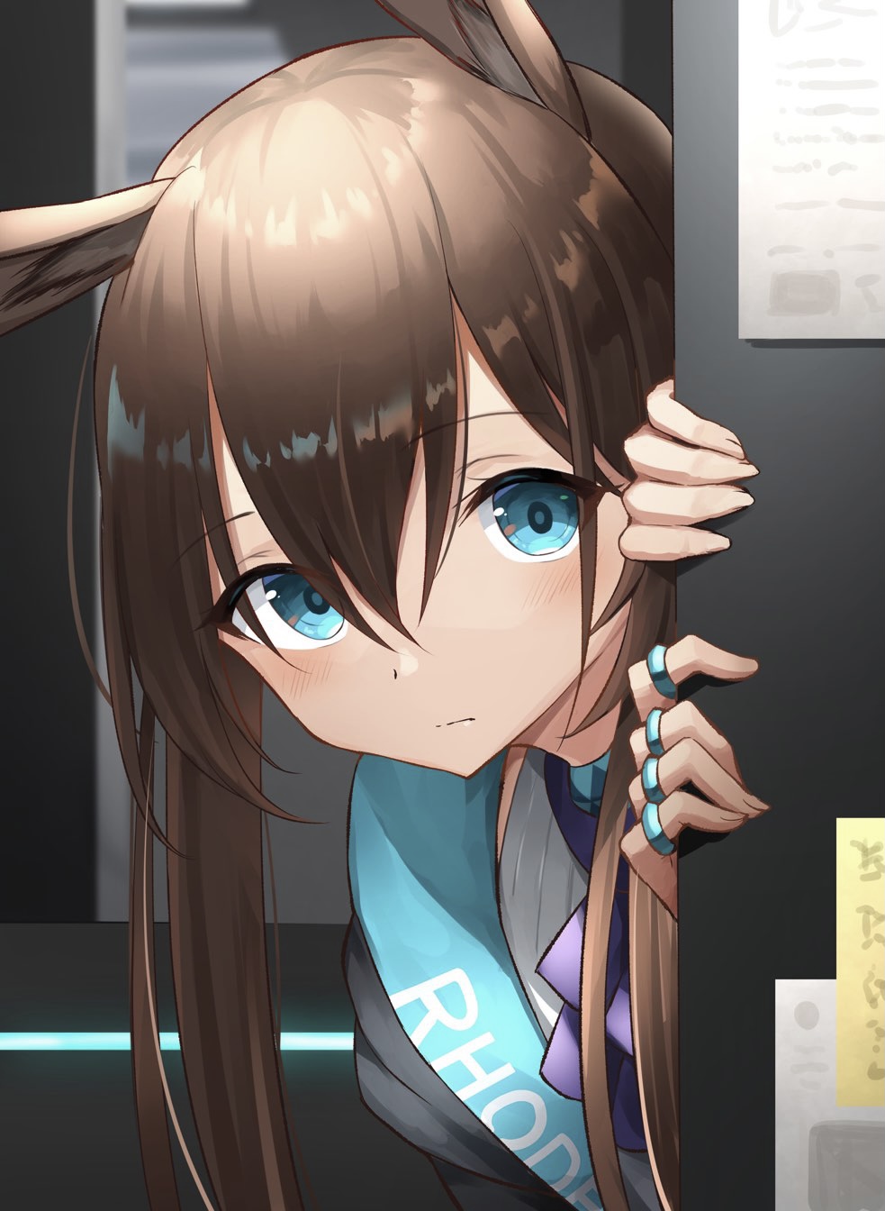 1girl, amiya_(arknights), animal_ears, arknights, ascot, bangs, blue_eyes, blush