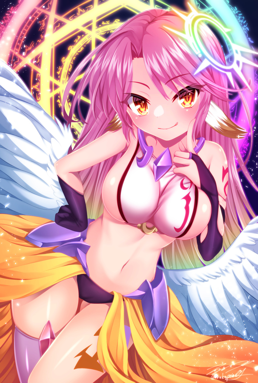 +_+, 1girl, :q, absurdres, angel_wings, asymmetrical_gloves, bangs, bare_shoulders