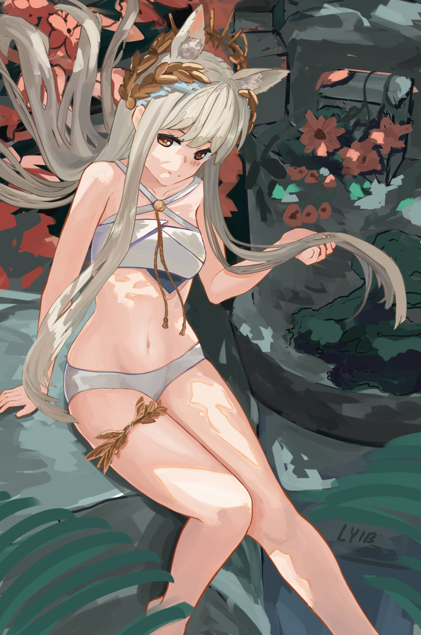 1girl, absurdres, animal_ear_fluff, animal_ears, arknights, arm_support, artist_name, bangs