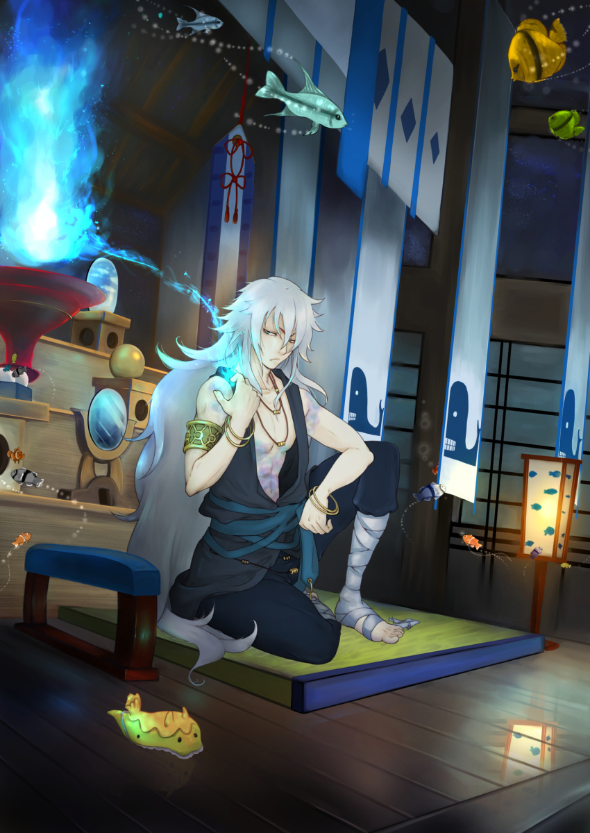 1boy, armlet, bangle, blue_eyes, bracelet, clownfish, fish, hair_between_eyes