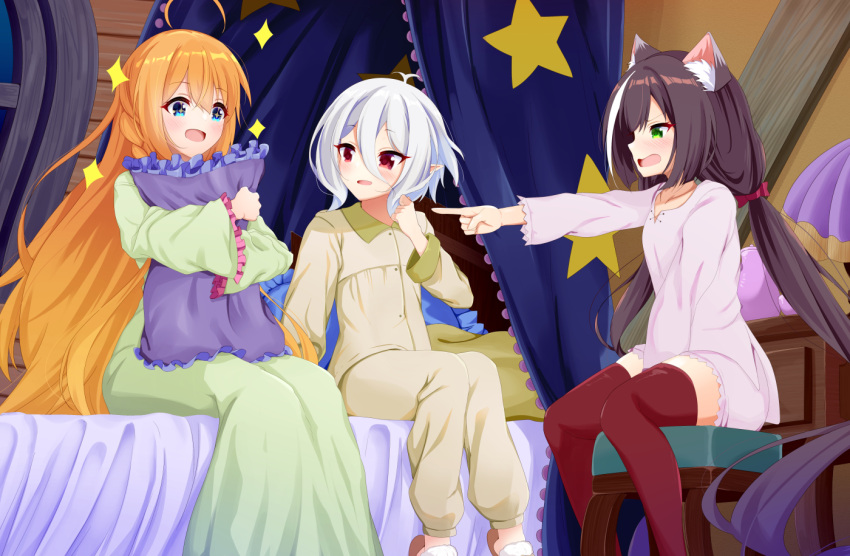 3girls, ahoge, animal_ear_fluff, animal_ears, antenna_hair, bangs, bed, black_hair