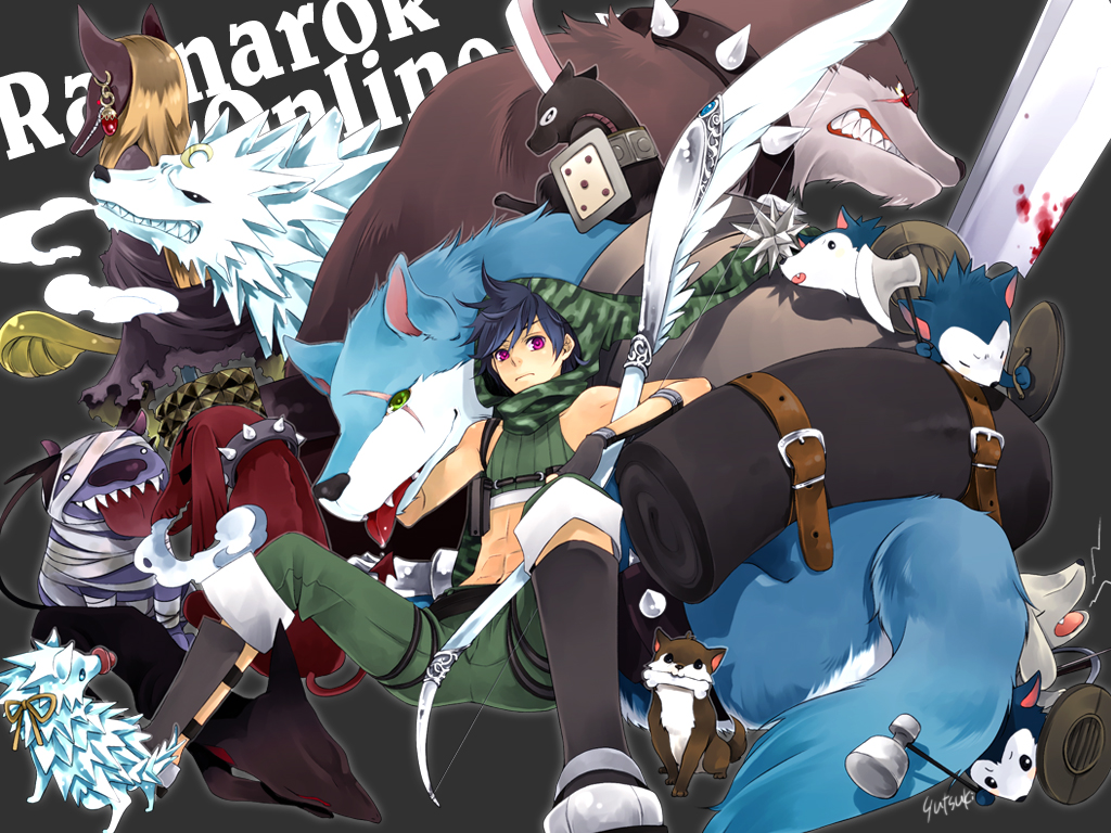 animal_collar, anubis, anubis_(ragnarok_online), armored_boots, atroce, axe, bandages, bangs