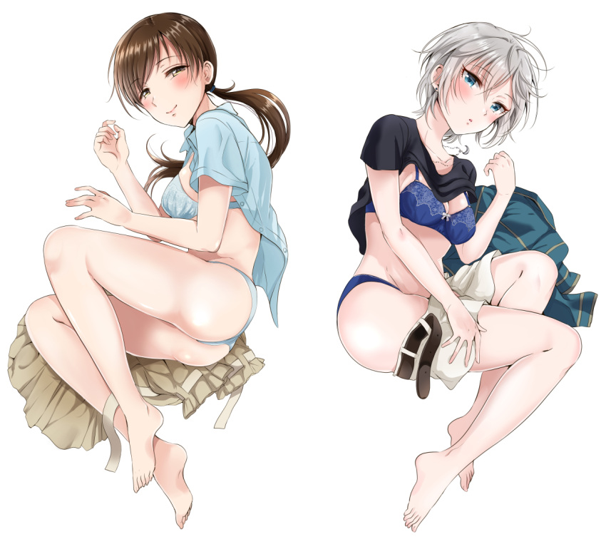 2girls, anastasia_(idolmaster), ass, bare_legs, barefoot, black_shirt, blue_bra, blue_eyes