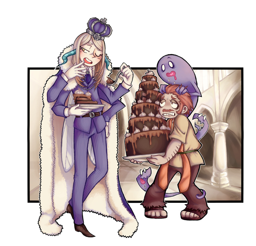 2boys, arm_hair, beelzebub_(ragnarok_online), beige_shirt, blonde_hair, blush, brown_eyes, brown_footwear, brown_hair, brown_pants, cake, cape, chocolate_cake, clenched_teeth, cross, crown, drooling, eating, extra_arms, facial_hair, fallen_bishop_hibram, food, formal, fur-trimmed_cape, fur_trim, ghost, gloves, hallway, highres, holding, holding_cake, holding_food, holding_spoon, horns, indoors, krwawnik, male_focus, medium_hair, multiple_boys, mustache, open_mouth, pants, pinstripe_pants, pinstripe_pattern, pinstripe_suit, purple_cape, purple_headwear, purple_pants, purple_suit, ragnarok_online, sandals, shoes, short_hair, short_sleeves, spoon, striped, suit, sweat, teeth, transparent_background, whipped_cream, white_gloves, yellow_eyes
