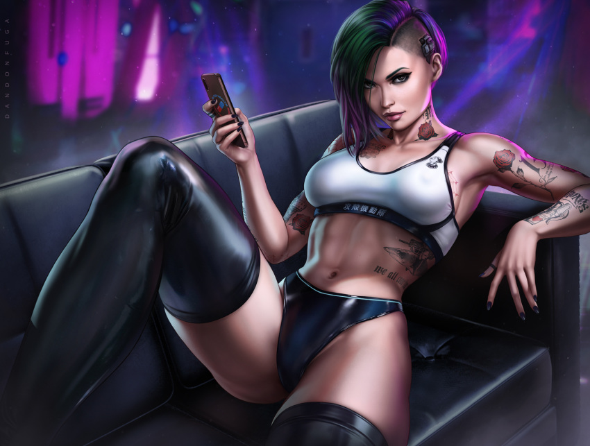 1girl, black_legwear, breasts, commentary, cyberpunk_2077, dandon_fuga, green_hair, judy_alvarez, looking_at_viewer, lying, midriff, multicolored_hair, nail_polish, navel, on_back, short_hair, solo, thick_thighs, thighs, undercut, violet_eyes