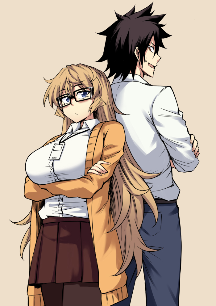 1boy, 1girl, :<, back-to-back, beige_background, black-framed_eyewear, black_hair, blonde_hair, blue_eyes, breasts, brown_legwear, brown_skirt, cardigan, commentary, crossed_arms, english_commentary, fingernails, furi2play!, glasses, height_difference, id_card, lanyard, large_breasts, margit_(furi2play), open_cardigan, open_clothes, peach_(momozen), pleated_skirt, shirt, skirt, sweatdrop, west_(furi2play), white_shirt
