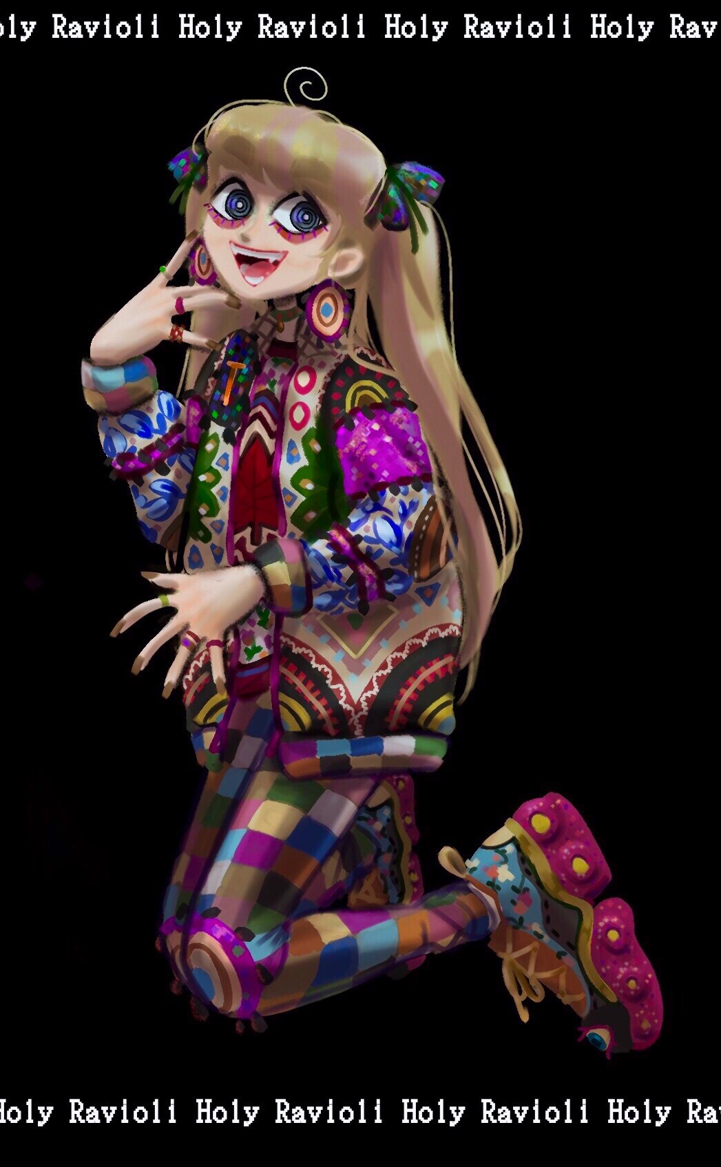 1girl, :d, black_background, blonde_hair, blue_eyes, bow, bright_pupils, brown_nails