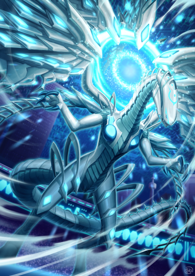 blue_eyes, claws, commentary_request, deep-eyes_white_dragon, dragon, duel_monster, energy, from_below