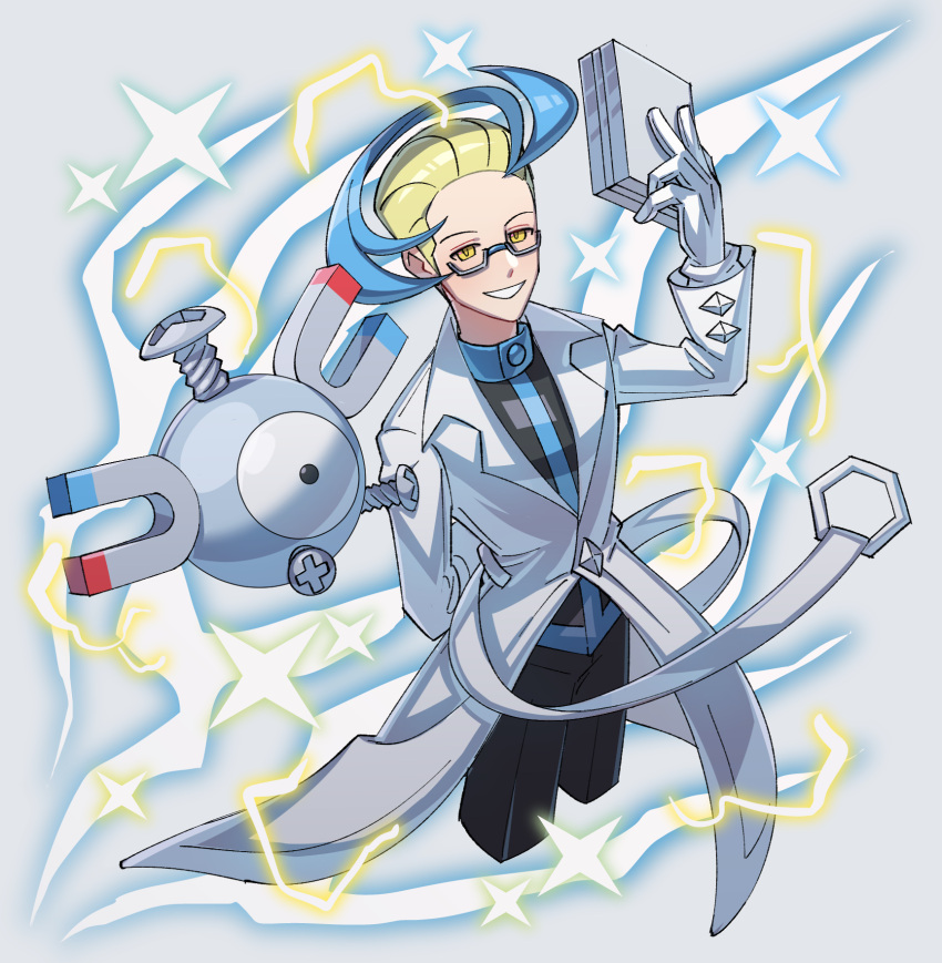 1boy, arm_behind_back, black_pants, blonde_hair, blue_hair, coat, colress_(pokemon), commentary