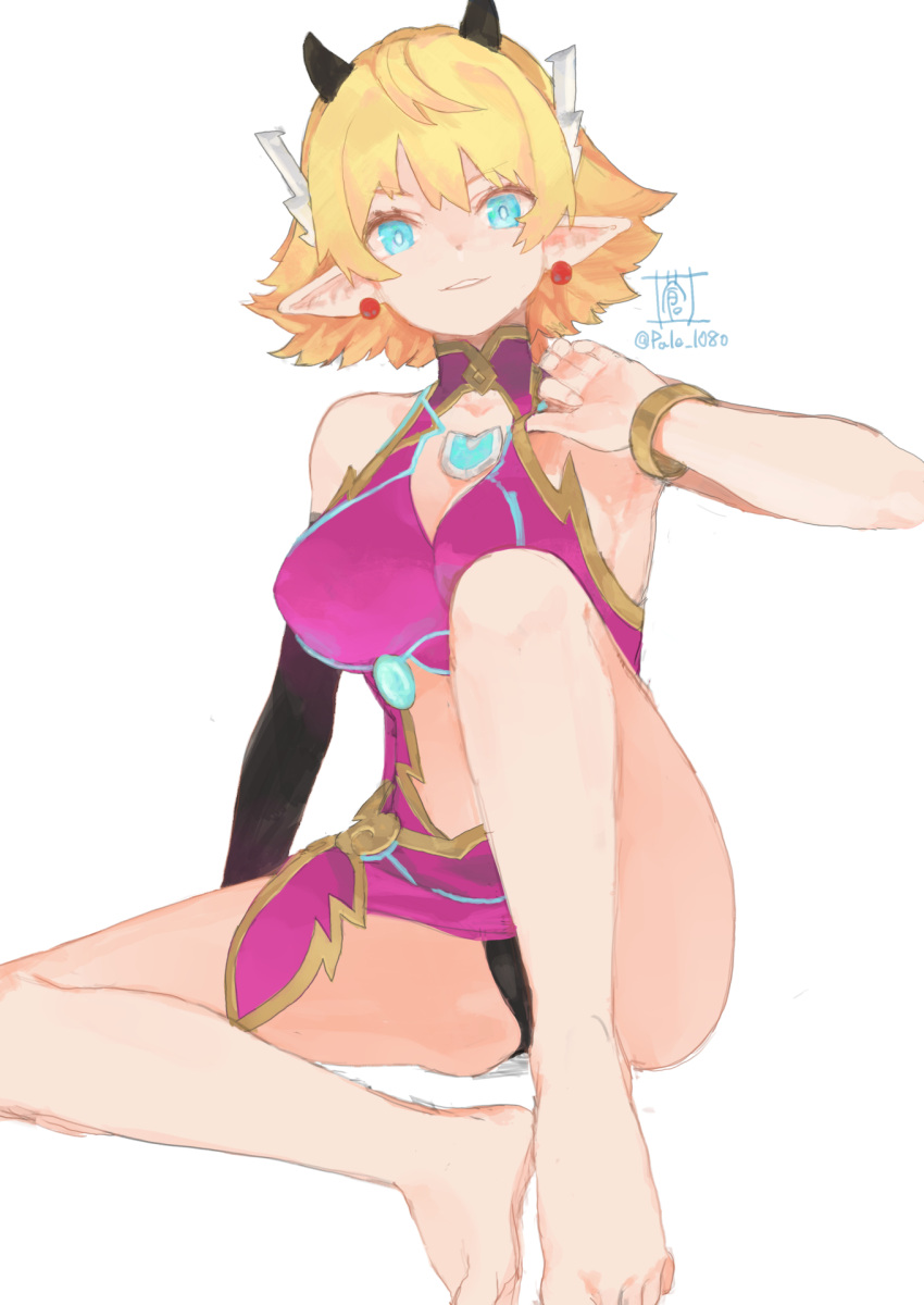 1girl, bare_shoulders, barefoot, blonde_hair, blue_eyes, breasts, highres, kora_(xenoblade), large_breasts, panties, pantyshot, pointy_ears, short_hair, simple_background, solo, sou_(pale_1080), underwear, xenoblade_chronicles_(series), xenoblade_chronicles_2