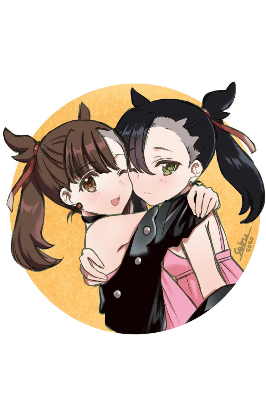 2girls, artist_name, asymmetrical_bangs, bangs, black_choker, black_hair, black_jacket, blush