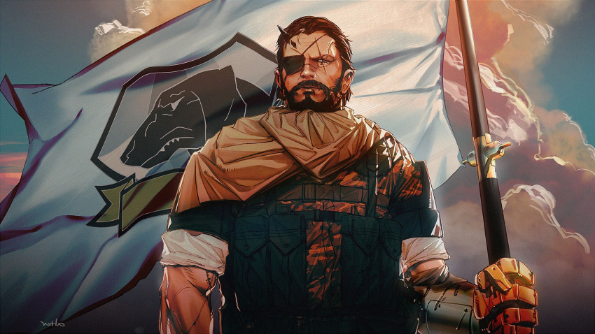 1boy, alterab, artist_name, backlighting, beard, blue_eyes, brown_hair, cloak