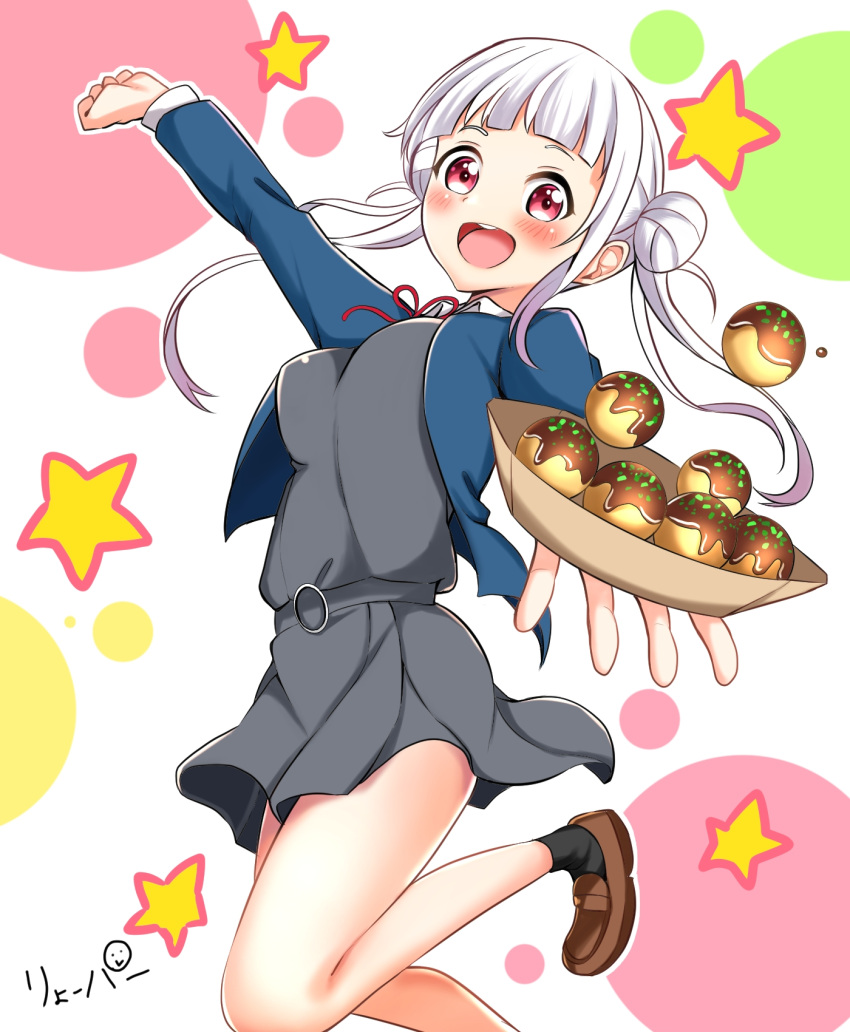 1girl, arashi_chisato, blazer, blue_jacket, blush, breasts, double_bun, food
