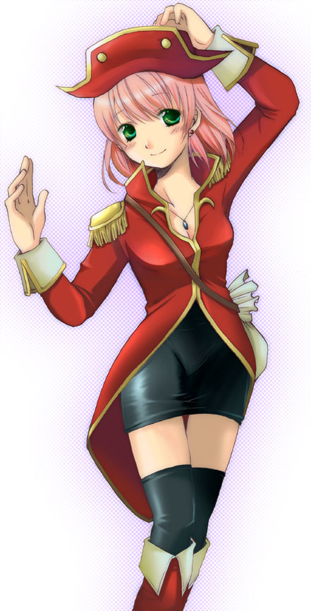 boots, breasts, cannoneer, cleavage, final_fantasy, final_fantasy_v, green_eyes, hat, jacket, lenna_charlotte_tycoon, miniskirt, pink_hair, short_hair, skirt, solo, thigh-highs, thighhighs, uniform, zettai_ryouiki