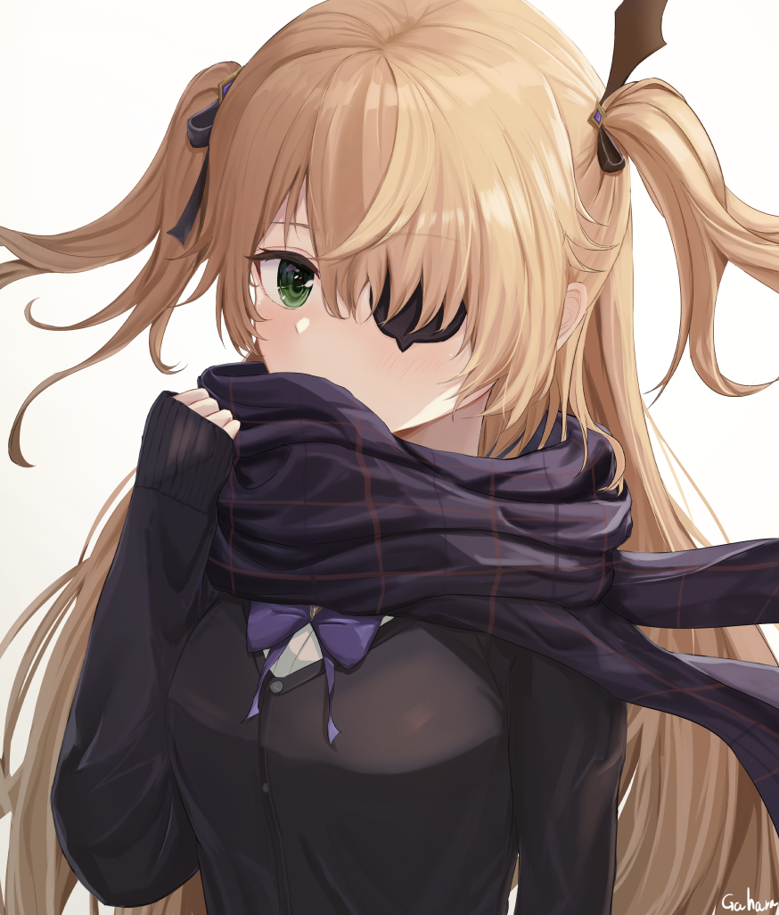 1girl, bangs, blonde_hair, blush, bow, bowtie, breasts, eyebrows_visible_through_hair, eyepatch, fischl_(genshin_impact), gahara, genshin_impact, green_eyes, long_hair, long_sleeves, looking_at_viewer, medium_breasts, one_eye_covered, plaid, plaid_scarf, purple_bow, purple_neckwear, purple_scarf, scarf, scarf_over_mouth, signature, simple_background, sleeves_past_wrists, solo, straight_hair, two_side_up, upper_body, very_long_hair, white_background