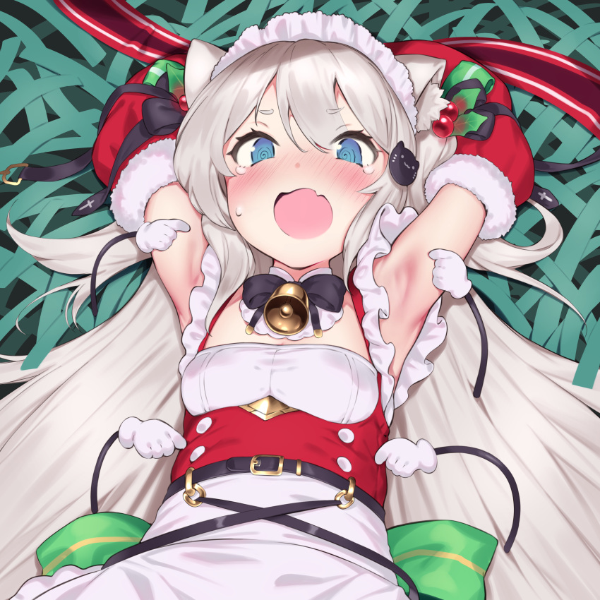 1girl, @_@, absurdres, animal_ear_fluff, animal_ears, armpits, azur_lane, bangs, bell, blue_eyes, breasts, cat_ears, cat_hair_ornament, commentary_request, crying, crying_with_eyes_open, detached_sleeves, eyebrows_visible_through_hair, fang, fur-trimmed_sleeves, fur_trim, grey_hair, hair_ornament, hammann_(azur_lane), hammann_(holy_night_surprise!)_(azur_lane), highres, holly, holly_hair_ornament, jingle_bell, long_hair, lying, neck_bell, on_back, open_mouth, pokachu, sidelocks, skin_fang, small_breasts, solo, swept_bangs, tearing_up, tears, tickle_torture, tickling