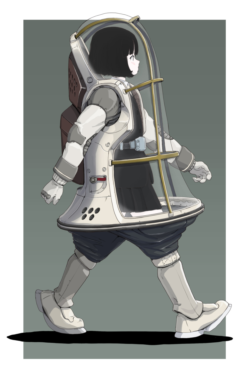 1girl, astronaut, black_hair, border, fishbowl_helmet, from_side, full_body, green_background