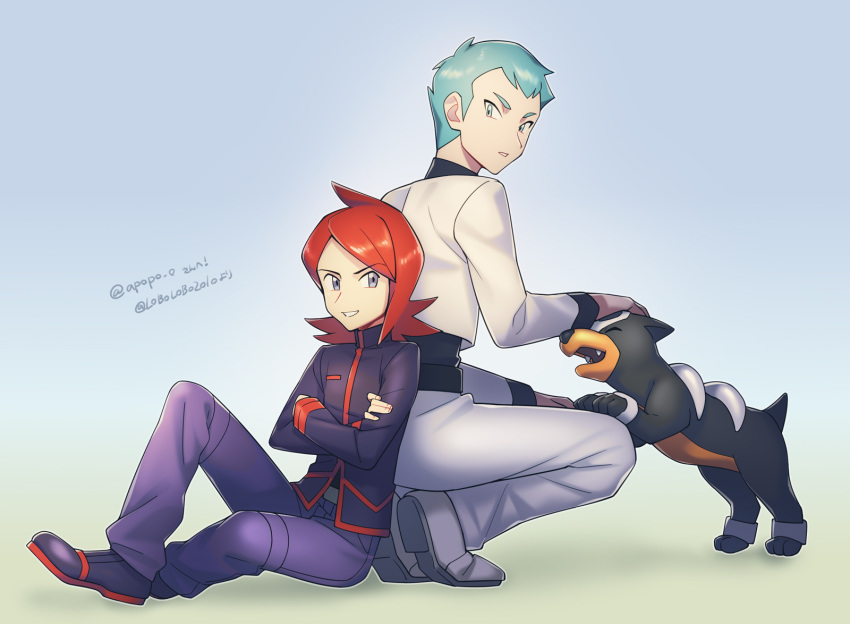 2boys, archer_(pokemon), artist_name, commentary_request, crossed_arms, eyebrows_visible_through_hair, gen_2_pokemon, green_hair