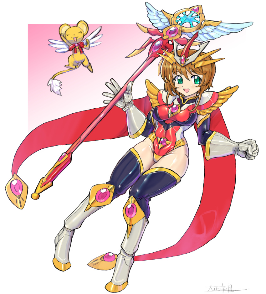 1girl, adapted_costume, antenna_hair, black_legwear, brown_hair, cardcaptor_sakura, commentary_request, cosplay