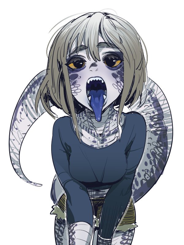 1girl, black_eyes, blue-tongued_skink, blue-tongued_skink_(sparrowl), blue_tongue, breasts, brown_shorts, colored_sclera
