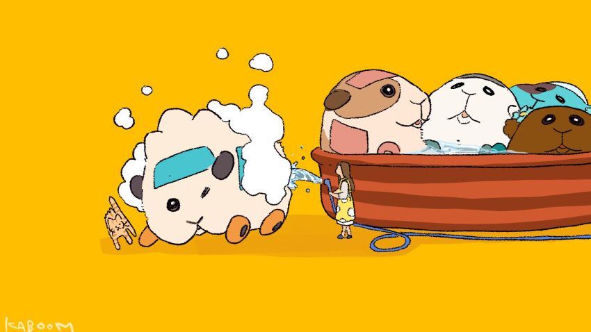 1girl, abby's_driver_(pui_pui_molcar), abby_(pui_pui_molcar), animal_focus, artist_name, brown_hair, choco_(pui_pui_molcar), dress