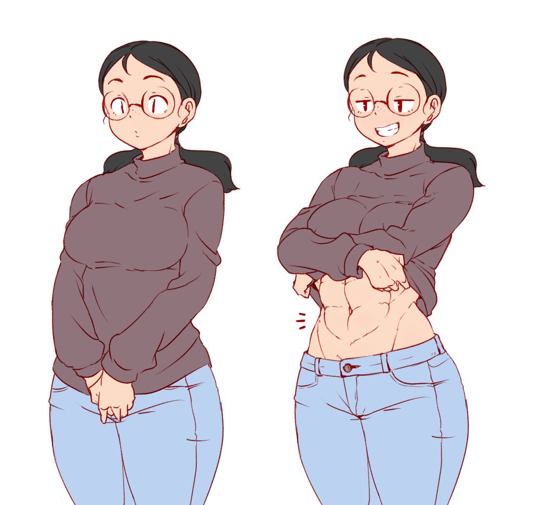0721kin29n, 1girl, abs, black_hair, blue_pants, breasts, commentary_request, glasses, grin, half-closed_eyes, long_hair, low_ponytail, multiple_views, muscular, muscular_female, navel, original, pants, shirt_lift, simple_background, smile, smug, standing, sweater, undressing, white_background