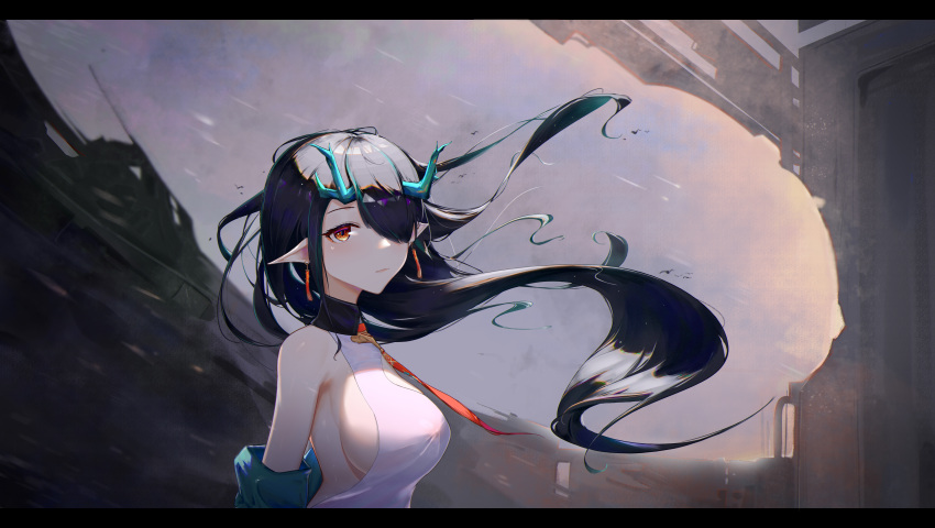1girl, absurdres, arknights, bare_shoulders, bird, black_hair, blush, breasts