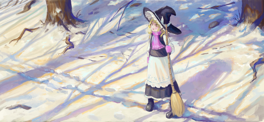 1girl, apron, arm_at_side, arm_up, bare_tree, black_footwear, black_headwear, black_skirt