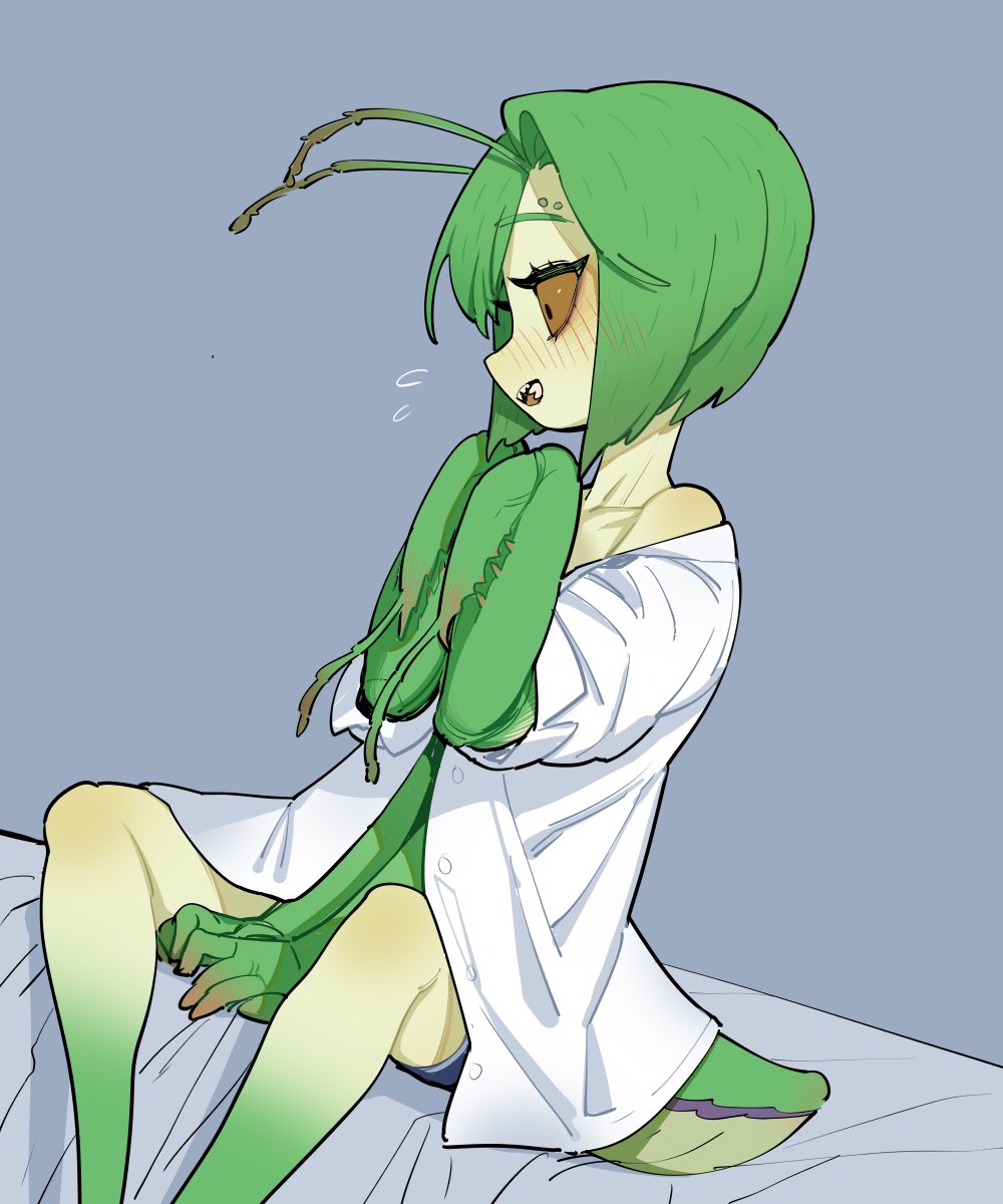 1girl, antennae, bare_shoulders, bed, between_legs, black_eyes, blue_panties, blush