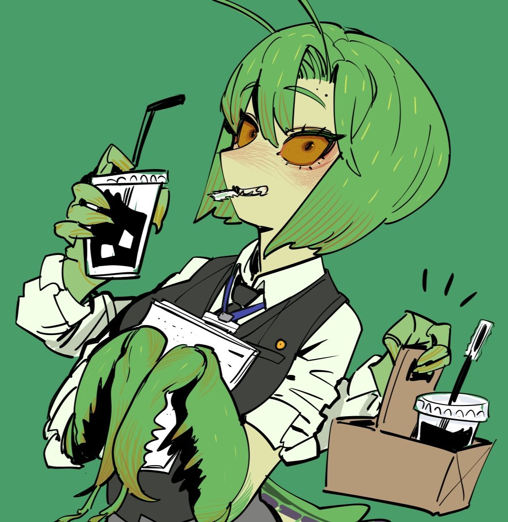 1girl, basket, black_eyes, black_vest, blush, colored_sclera, cup, disposable_cup