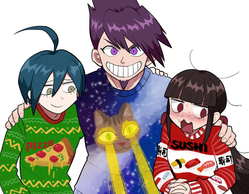 1girl, 2boys, ahoge, akamatsu_kaede, alternate_costume, animal_print, arm_around_shoulder, bangs