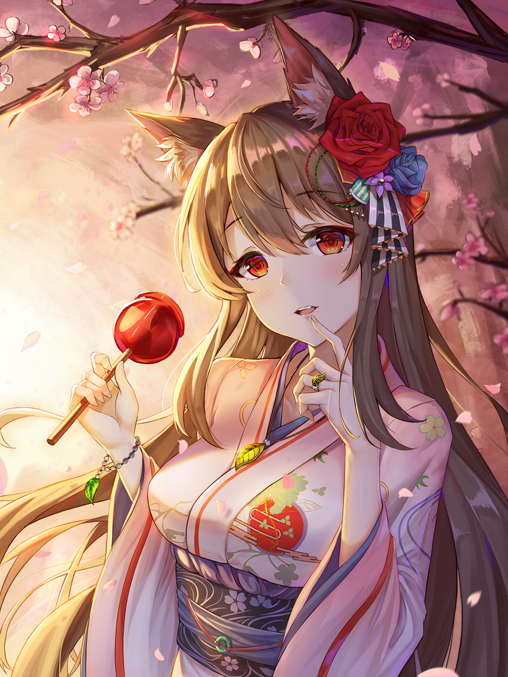 1girl, animal_ear_fluff, animal_ears, bangs, blue_flower, blue_rose, blush, breasts