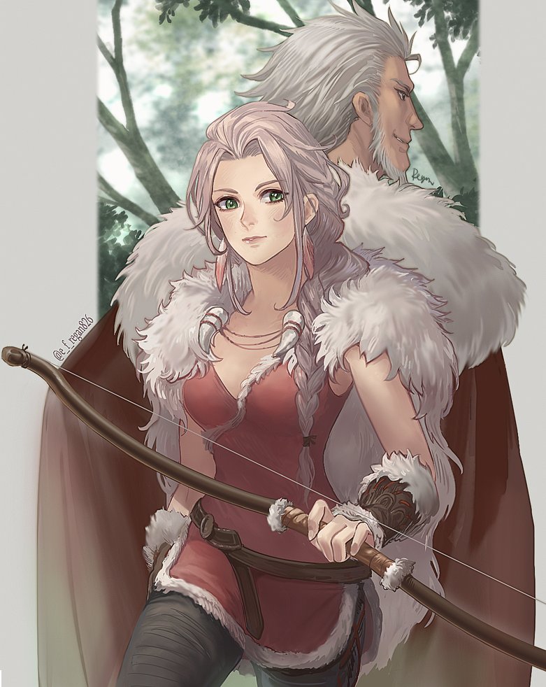 1boy, 1girl, beard, blonde_hair, bracelet, braid, braided_ponytail, facial_hair