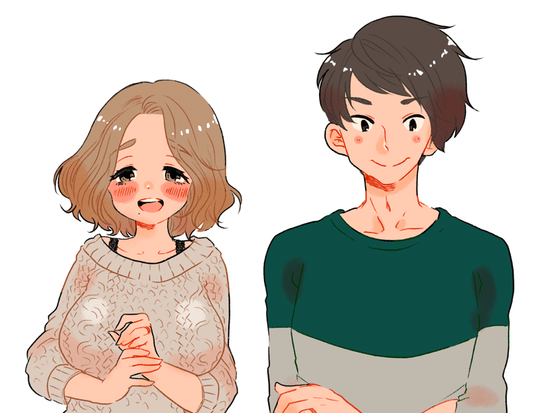 1boy, 1girl, blush, brown_hair, couple, looking_at_viewer, majikaru_pokonyan, open_mouth, original, short_hair, smile, sweater, wavy_hair