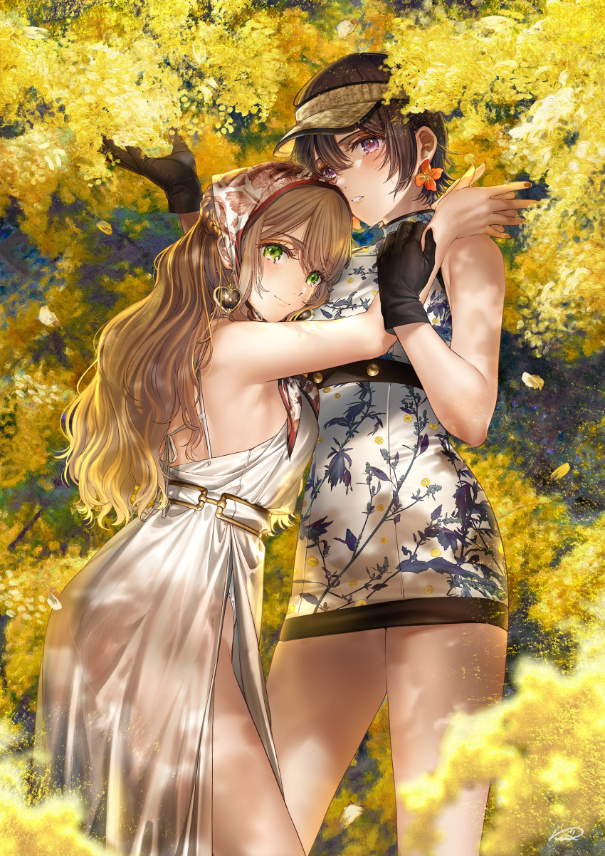 2girls, absurdres, bandana, black_gloves, black_hair, blush, braid, brown_hair