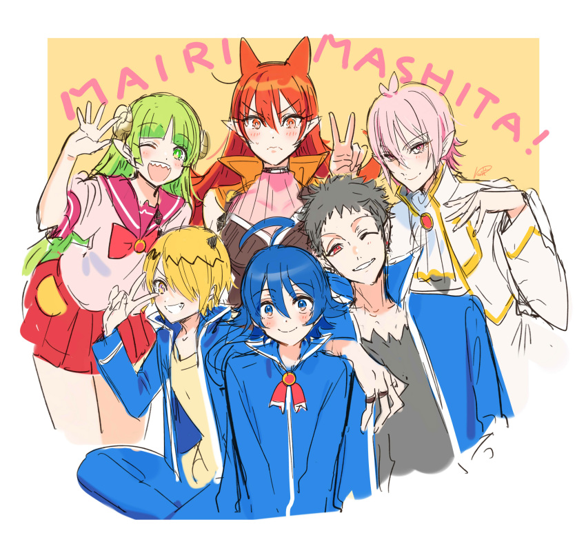 3:, 3boys, 3girls, ;d, ahoge, andro_m._jazz, asmodeus_alice, azazel_ameri