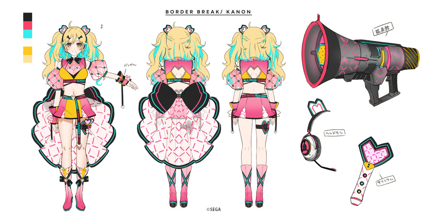 1girl, aqua_hair, arm_belt, back_bow, back_cutout, belt, black_bow, blonde_hair