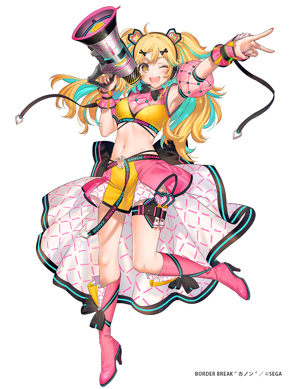 1girl, ;d, aqua_hair, arm_belt, back_bow, belt, black_bow, blonde_hair