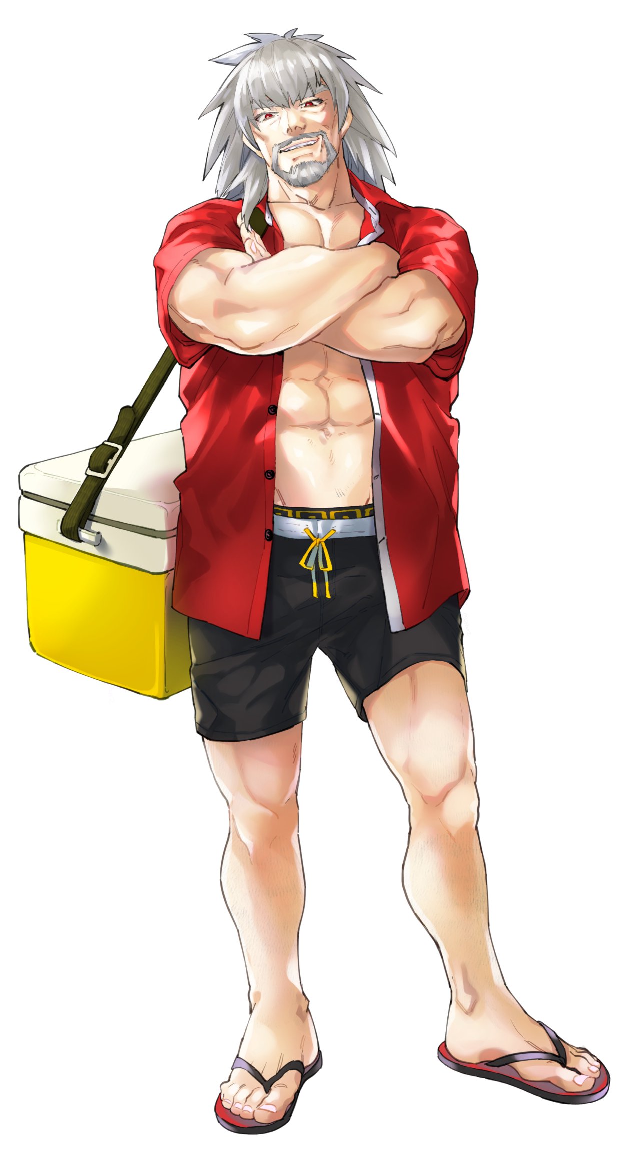 1boy, buttons, cooler, crossed_arms, fate/extra, fate_(series), full_body, grey_hair