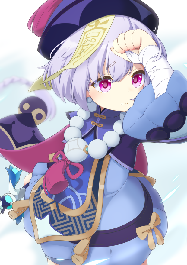 1girl, 3:, arm_at_side, arm_up, bandaged_arm, bandages, bangs, bead_necklace