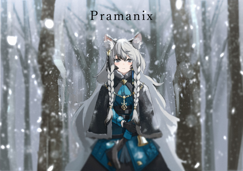 1girl, absurdres, animal_ears, arknights, bare_tree, bead_necklace, beads, black_capelet