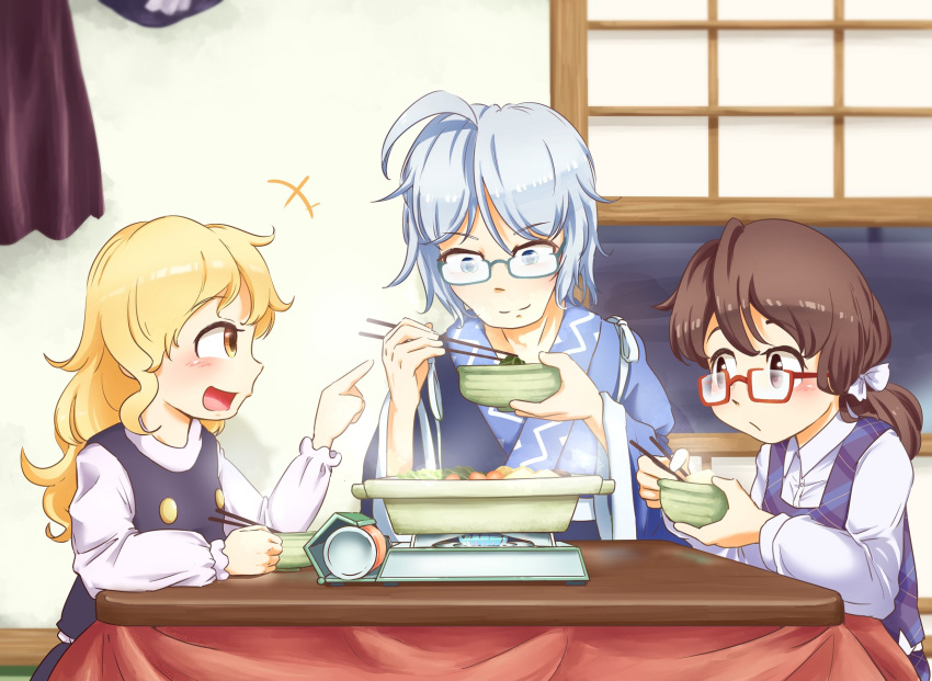 +++, 1boy, 2girls, ahoge, arm_up, black_vest, blonde_hair, blue_eyes