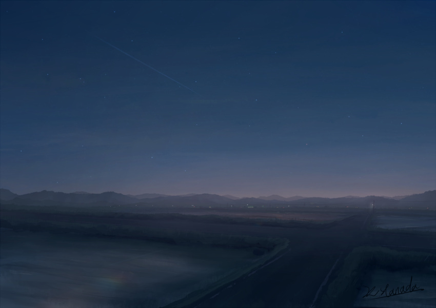 alu.m_(alpcmas), blurry, city_lights, dark, farm, horizon, intersection, landscape, mountain, mountainous_horizon, night, night_sky, no_humans, original, outdoors, road, rural, scenery, shooting_star, signature, sky, utility_pole