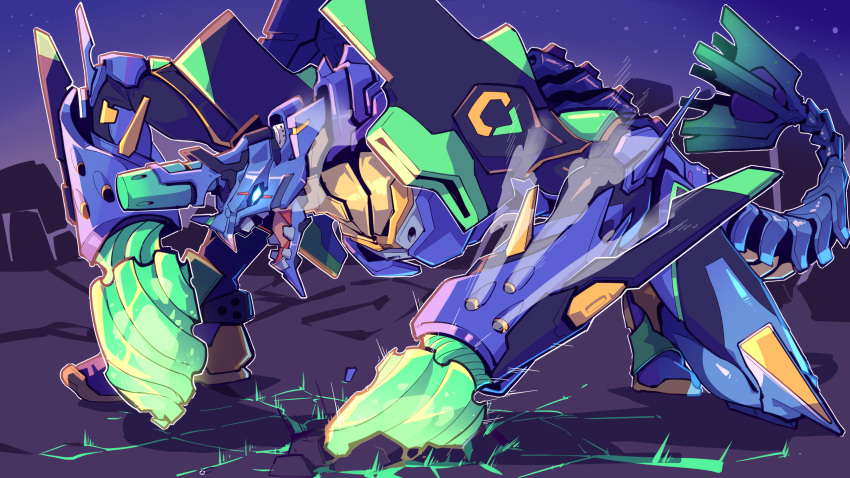 brachydios, cracked_floor, eva_01, fusion, glowing, glowing_eyes, glowing_hands, highres
