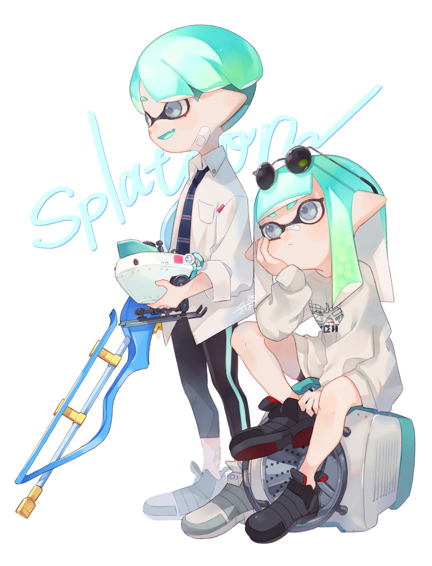 1boy, 1girl, absurdres, aqua_hair, aqua_tongue, artist_name, autobomb_(splatoon), bandaid